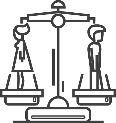 illustration men and women standing on scale of justice